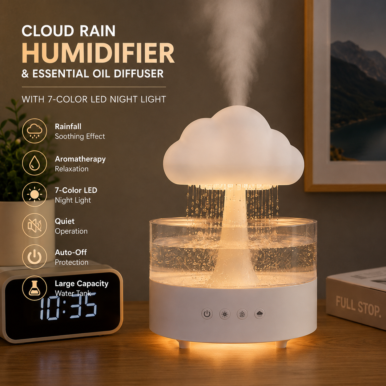 Cloud Rain Humidifier & Essential Oil Diffuser with 7-Color LED Night Light