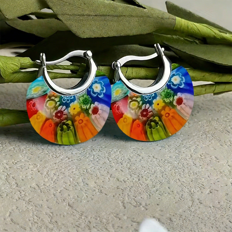 A Pair Of Bohemian-style Stained-glass Hoop Earrings
