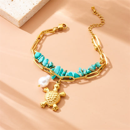 Three-dimensional Turtle Pearl Irregular Turquoise Double-layer Stacked Chain Bracelet