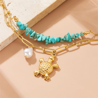 Three-dimensional Turtle Pearl Irregular Turquoise Double-layer Stacked Chain Bracelet