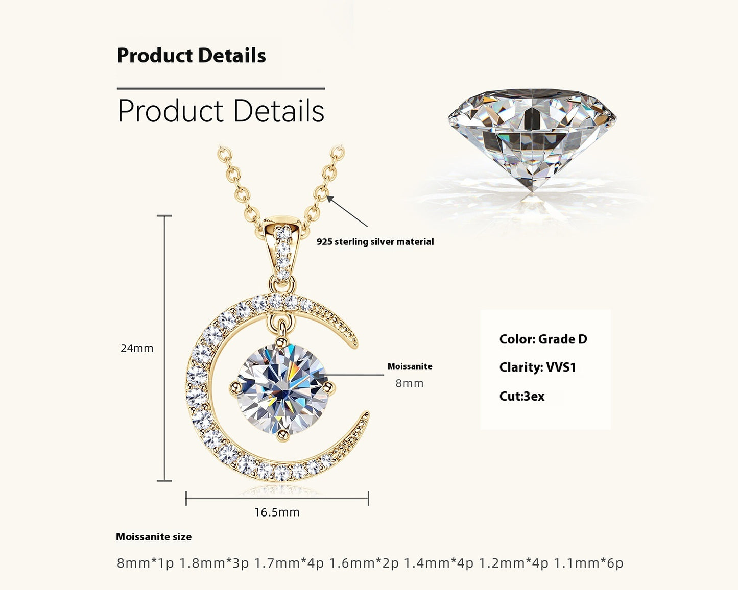 Women's Minimalist Pure Silver Crescent Shaped Moissanite Pendant Necklace