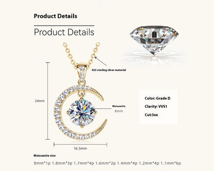 Women's Minimalist Pure Silver Crescent Shaped Moissanite Pendant Necklace