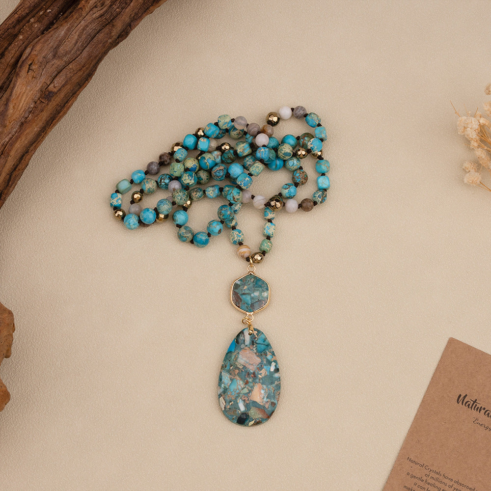 Bohemian-style Natural Stone Blue Teardrop Knotted Necklace