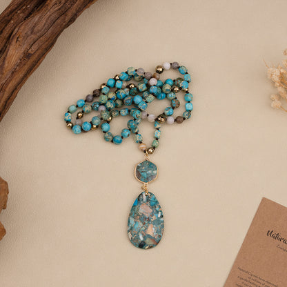 Bohemian-style Natural Stone Blue Teardrop Knotted Necklace