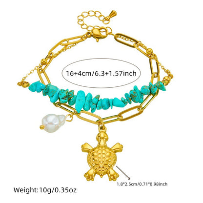 Three-dimensional Turtle Pearl Irregular Turquoise Double-layer Stacked Chain Bracelet