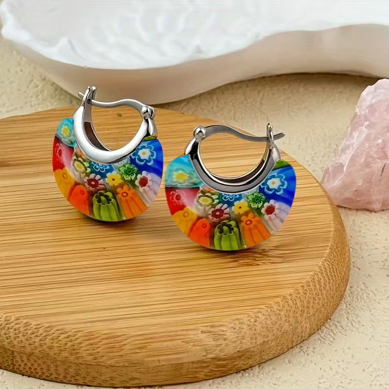 A Pair Of Bohemian-style Stained-glass Hoop Earrings