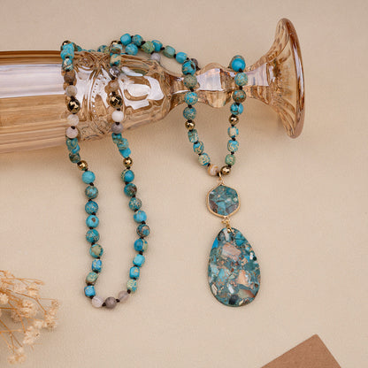 Bohemian-style Natural Stone Blue Teardrop Knotted Necklace