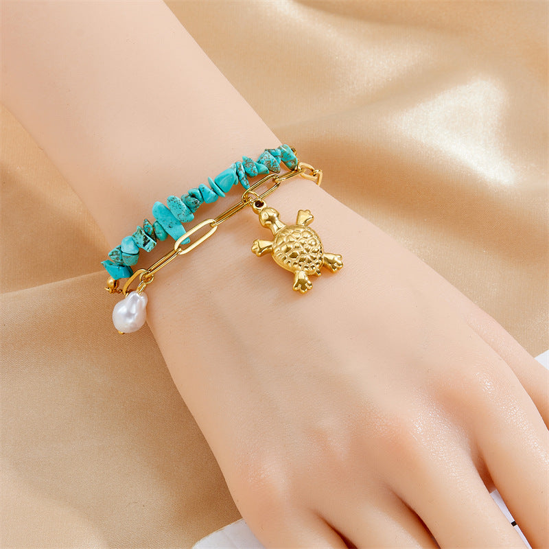 Three-dimensional Turtle Pearl Irregular Turquoise Double-layer Stacked Chain Bracelet