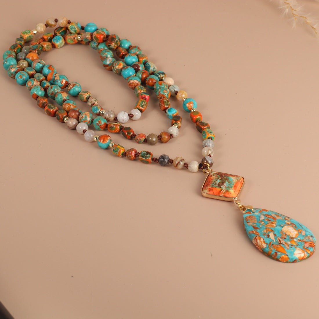 Bohemian-style Natural Stone Blue Teardrop Knotted Necklace