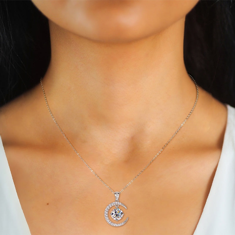 Women's Minimalist Pure Silver Crescent Shaped Moissanite Pendant Necklace
