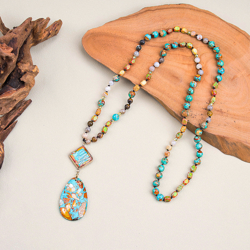 Bohemian-style Natural Stone Blue Teardrop Knotted Necklace