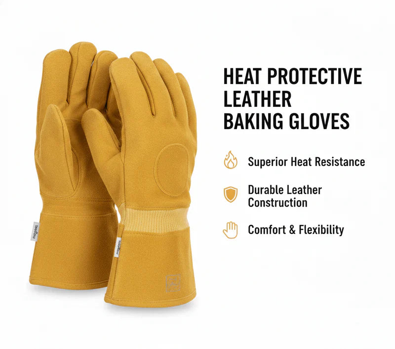 Premium Heat-Resistant Leather Baking Gloves – Heavy Duty Thermal Protection for Oven, Grill &amp; BBQ | قفازات خبز جلدية ممتازة مقاومة للحرارة – حماية حرارية شديدة التحمل للفرن والشواء
